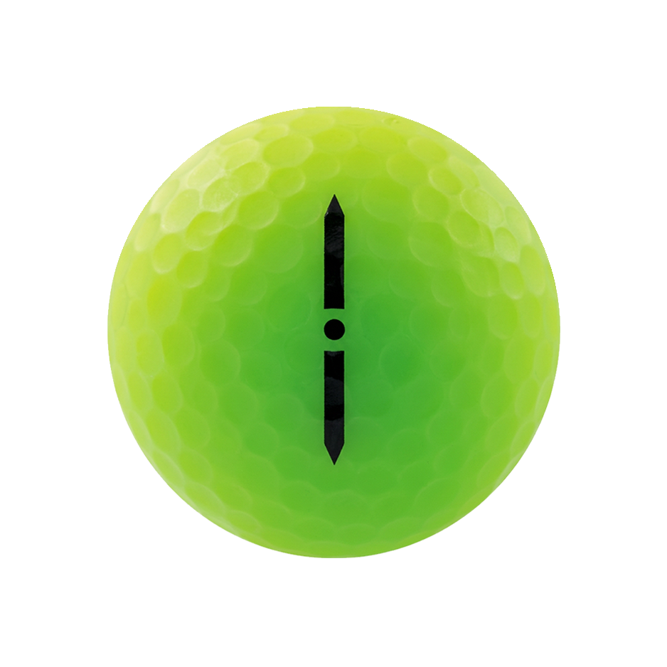 A bright neon yellow-green golf ball with a black vertical symbol in the center, isolated on a white background.