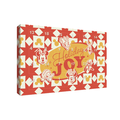 A Disney-themed holiday advent calendar box featuring red and cream star-and-diamond patterns, numbered compartments, and character illustrations including Mickey Mouse, Minnie Mouse, Donald Duck, Goofy, and Pluto. The front displays the words 'Holiday JOY' in red script over a yellow oval.