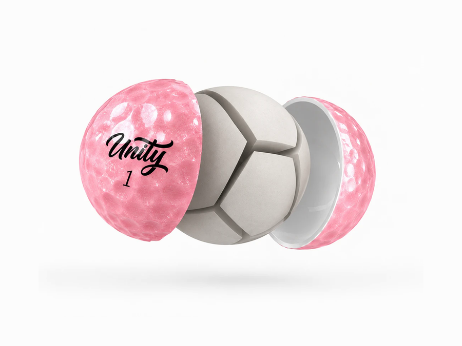Cutaway of the BCRF Unity golf ball showing its 2-piece construction: pink pearl cover and titanium core