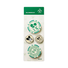 A Disney Mickey Friends ball marker set in its original packaging, featuring three golf ball markers with green and white designs and Mickey Mouse illustrations.