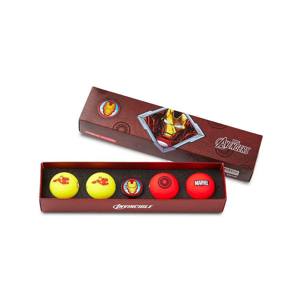 Set of superhero-themed balls in a branded box on a white background