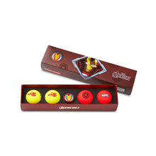 Set of superhero-themed balls in a branded box on a white background