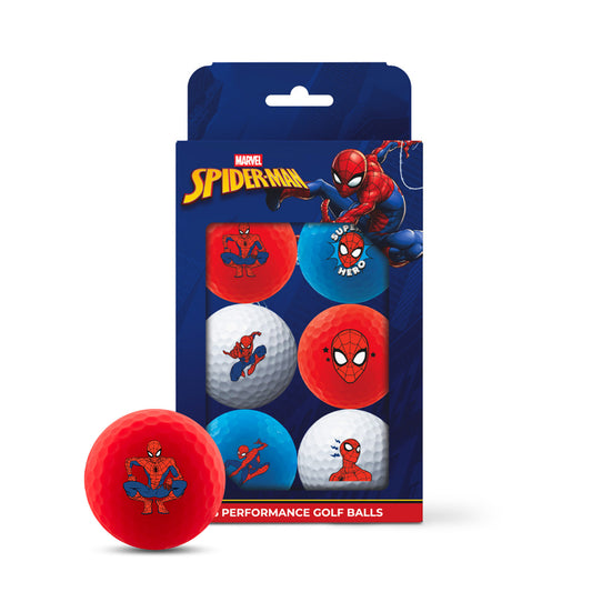 Pack of 6 Spider-Man golf balls with packaging on a white background