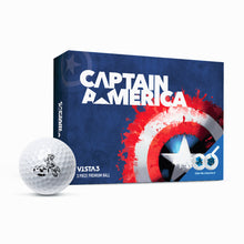 Golf ball and packaging with Captain America design on a white background