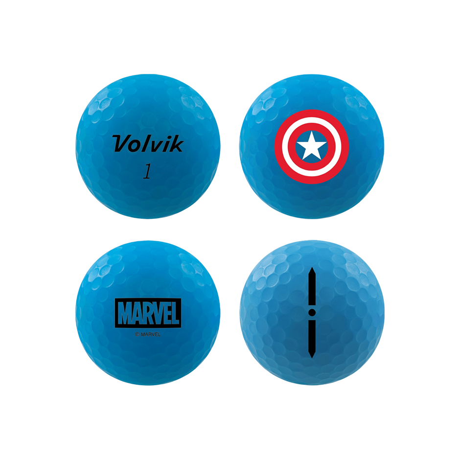 Four bright blue golf balls arranged in a 2x2 grid. The top-left ball reads 'Volvik 1', the top-right has a red, white and blue Captain America logo, the bottom-left has the Disney Marvel logo, and the bottom-right has a black vertical symbol.