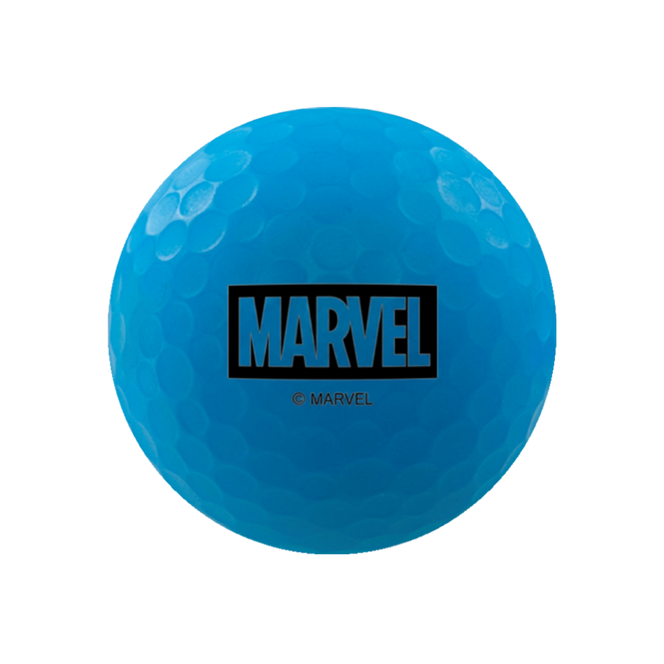 A bright blue golf ball featuring the black Disney Marvel logo and 'C MARVEL' text printed on the front, isolated on a white background.