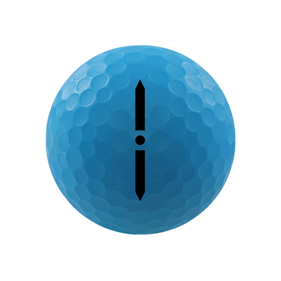 A bright blue golf ball with a black vertical symbol in the center, isolated on a white background.