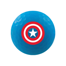 A blue golf ball featuring Captain America's shield logo on the front, isolated on a white background.