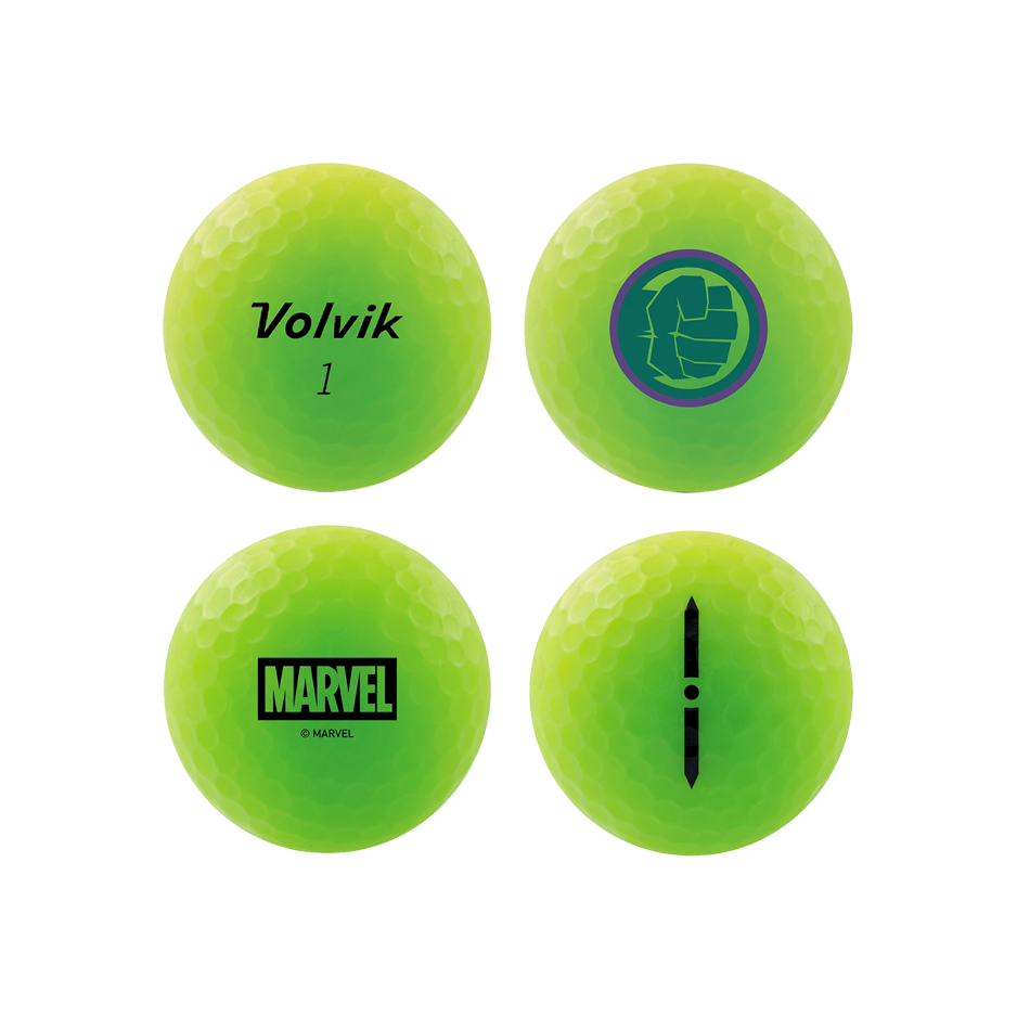 Four bright neon yellow-green golf balls arranged in a 2x2 grid. The top-left ball reads 'Volvik 1', the top-right has a green and purple Hulk fist logo, the bottom-left has the Disney Marvel logo, and the bottom-right has a black vertical symbol.