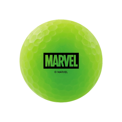 A bright neon yellow-green golf ball featuring the black Disney Marvel logo and 'C MARVEL' text printed on the front, isolated on a white background.