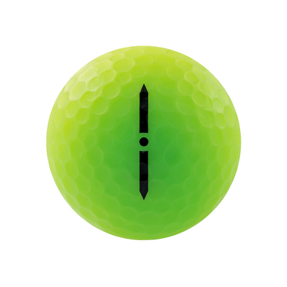 A bright neon yellow-green golf ball with a black vertical symbol in the center, isolated on a white background.