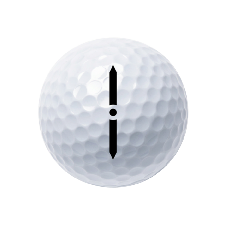 A white golf ball with a black vertical symbol in the center, isolated on a white background.