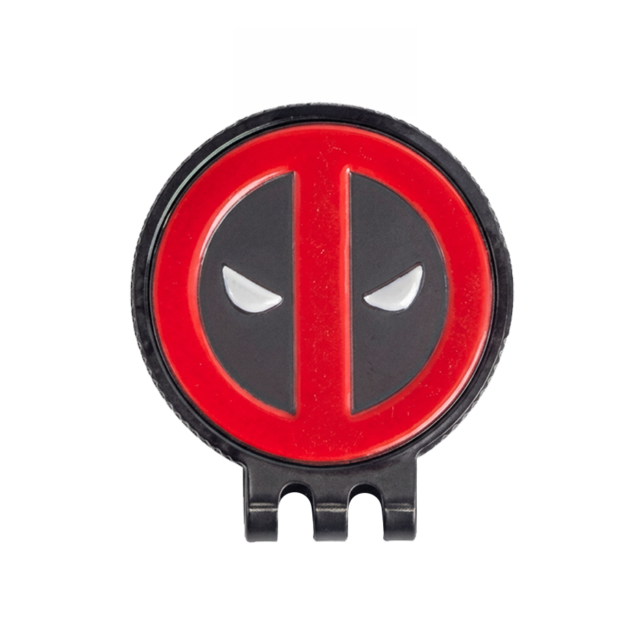 A circular Deadpool-themed metal golf ball marker and hat clip with a red and black design featuring the character's masked eyes, shown on a plain white background.