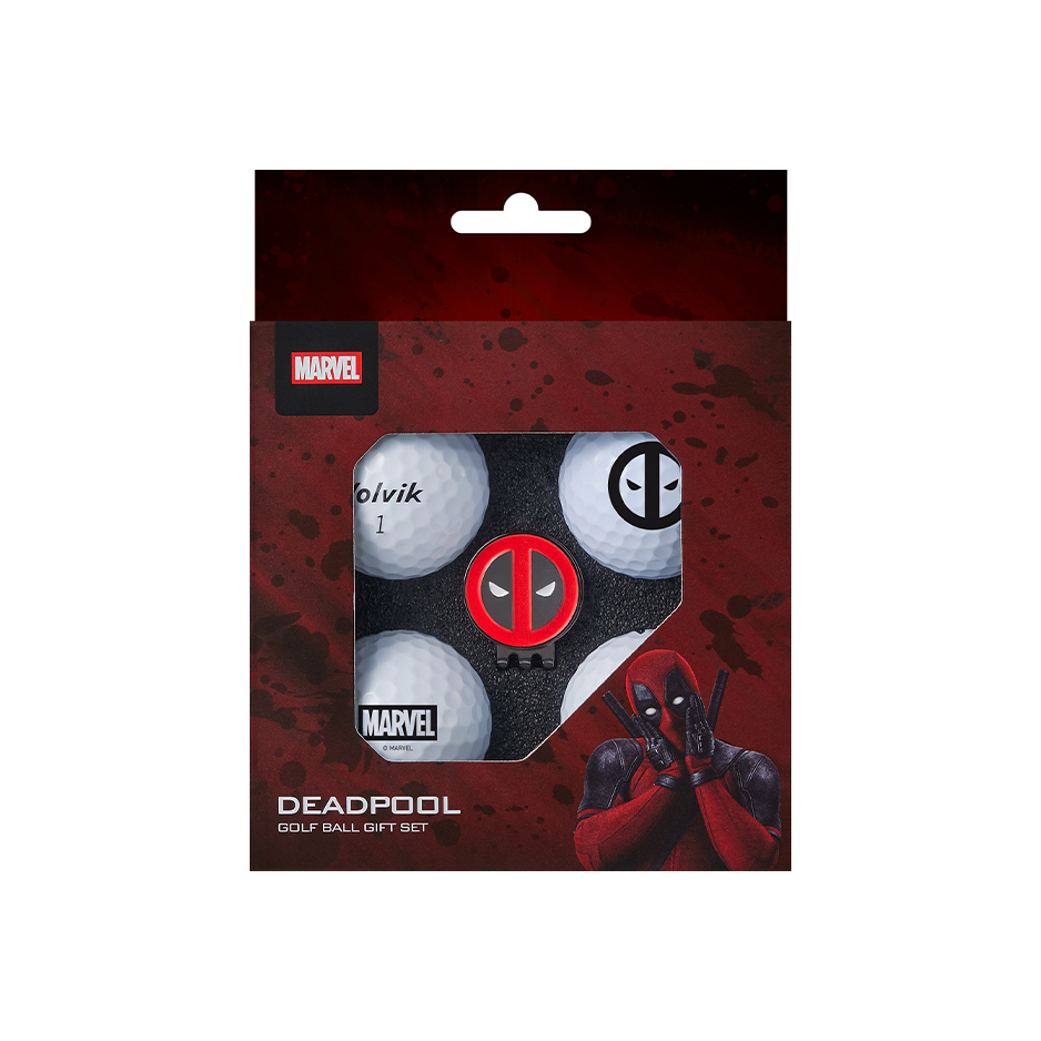 Marvel Deadpool golf ball gift set in its original retail packaging, featuring six golf balls with Deadpool-themed designs visible through a clear window on the front.