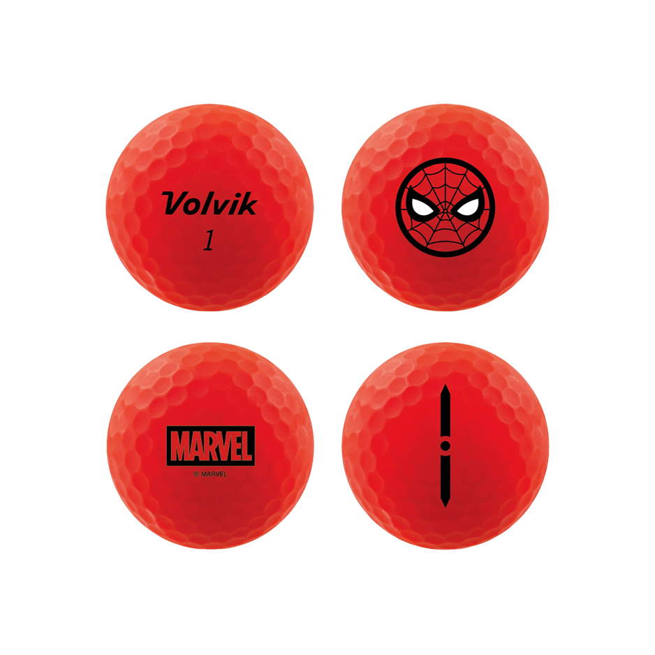 Four red golf balls arranged in a 2x2 grid on a white background. The top-left ball is labeled 'Volvik 1', the top-right features the Spider-Man web logo, the bottom-left shows the Marvel logo, and the bottom-right has a black vertical line graphic.