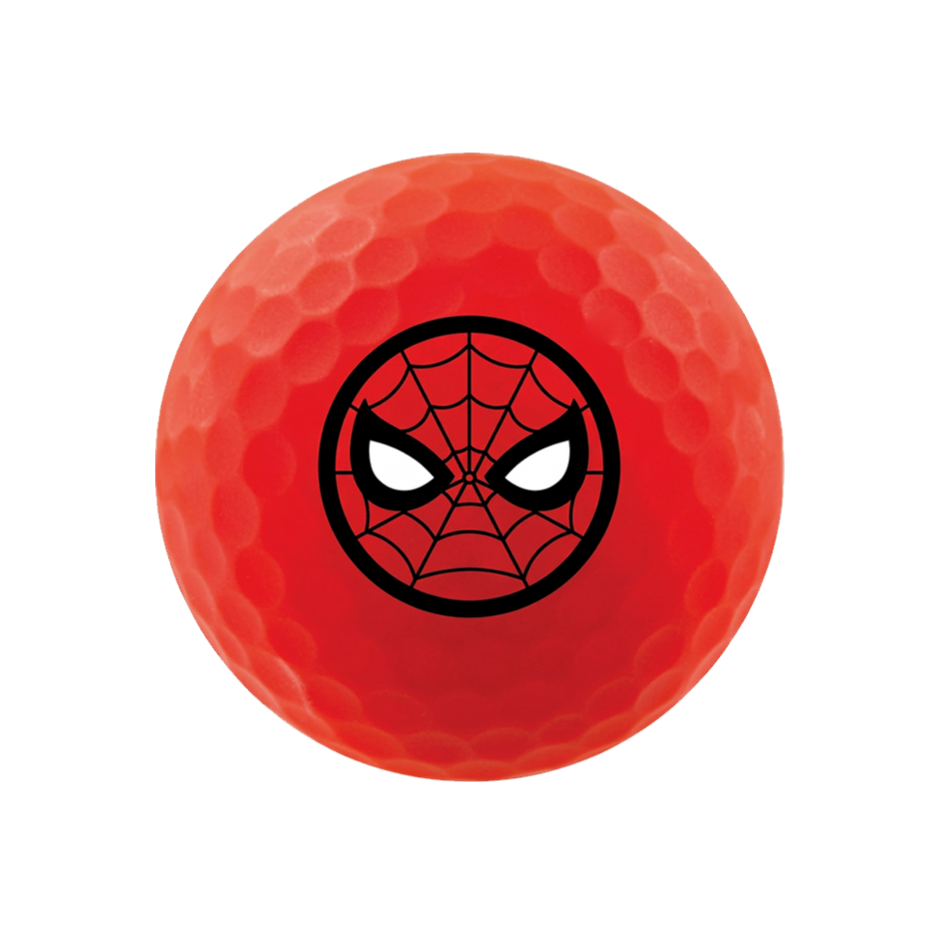 A red golf ball featuring a black Spider-Man web emblem with white eyes on the front, isolated on a white background.