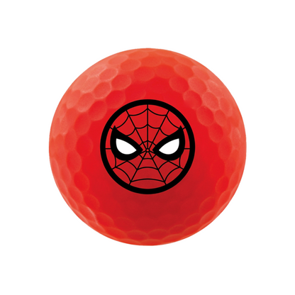 A red golf ball featuring a black Spider-Man web emblem with white eyes on the front, isolated on a white background.