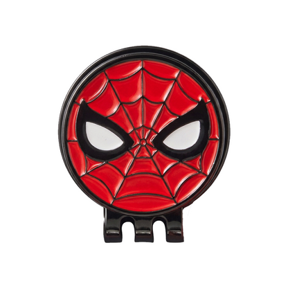 A circular Spider-Man-themed golf marker and hat clip featuring a red and black spider face design with white eyes, shown on a plain white background.
