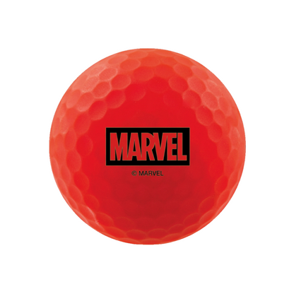 A red golf ball featuring a black Marvel logo on the front, set against a plain white background.