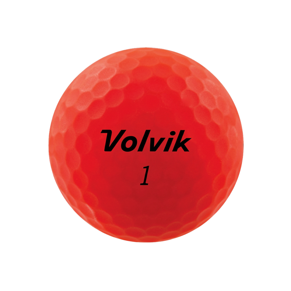 A single red golf ball with a black printed logo, 'Volvik 1', on a plain white background.