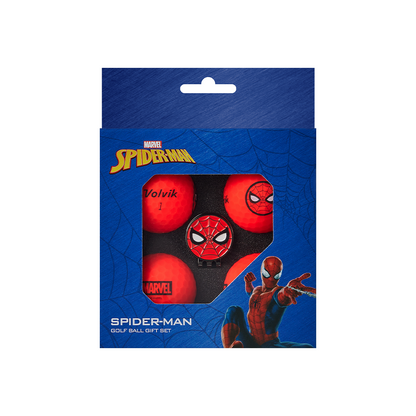 Marvel Spider-Man golf ball gift set in blue retail packaging, showing four red golf balls with Spider-Man themed designs through a clear window.