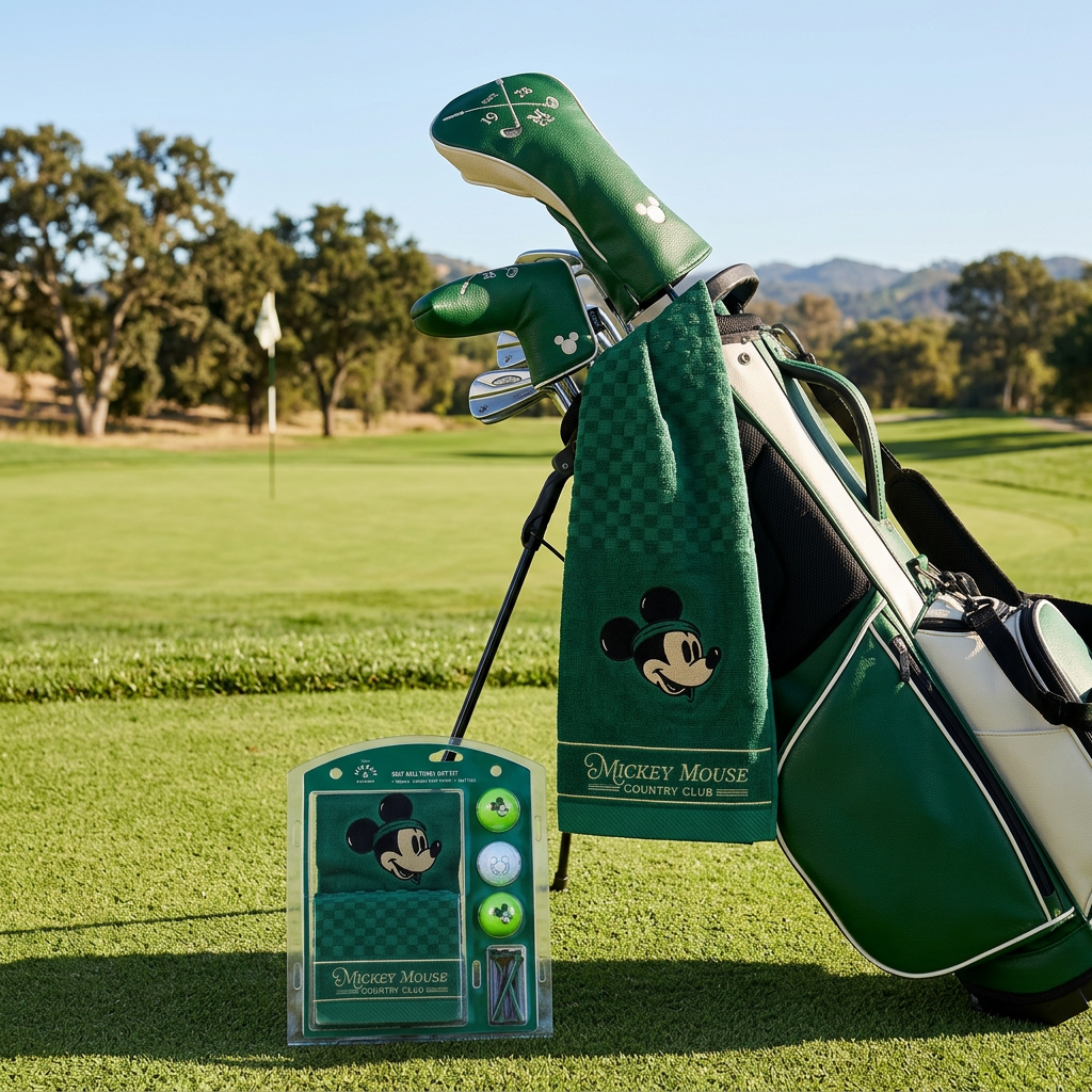 Mickey Mouse golf club set on a golf course with a green bag and club head cover.
