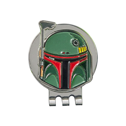 A circular metal golf marker and hat clip featuring a Boba Fett helmet design in green, red, black, and yellow, with a silver-toned clip base, shown on a plain white background.