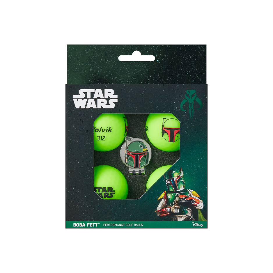Star Wars Boba Fett performance golf balls in their original retail packaging. The black and green box features a clear window displaying four bright lime green golf balls, including one with a Boba Fett character design and another with 'Volvik 312' printed on it.