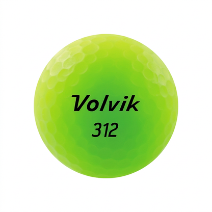 A single bright neon yellow-green golf ball, featuring the black printed text 'Volvik 312' in the center, isolated on a solid white background.