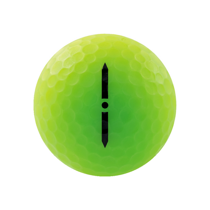 A bright neon yellow-green golf ball with a black vertical symbol in the center, isolated on a white background.