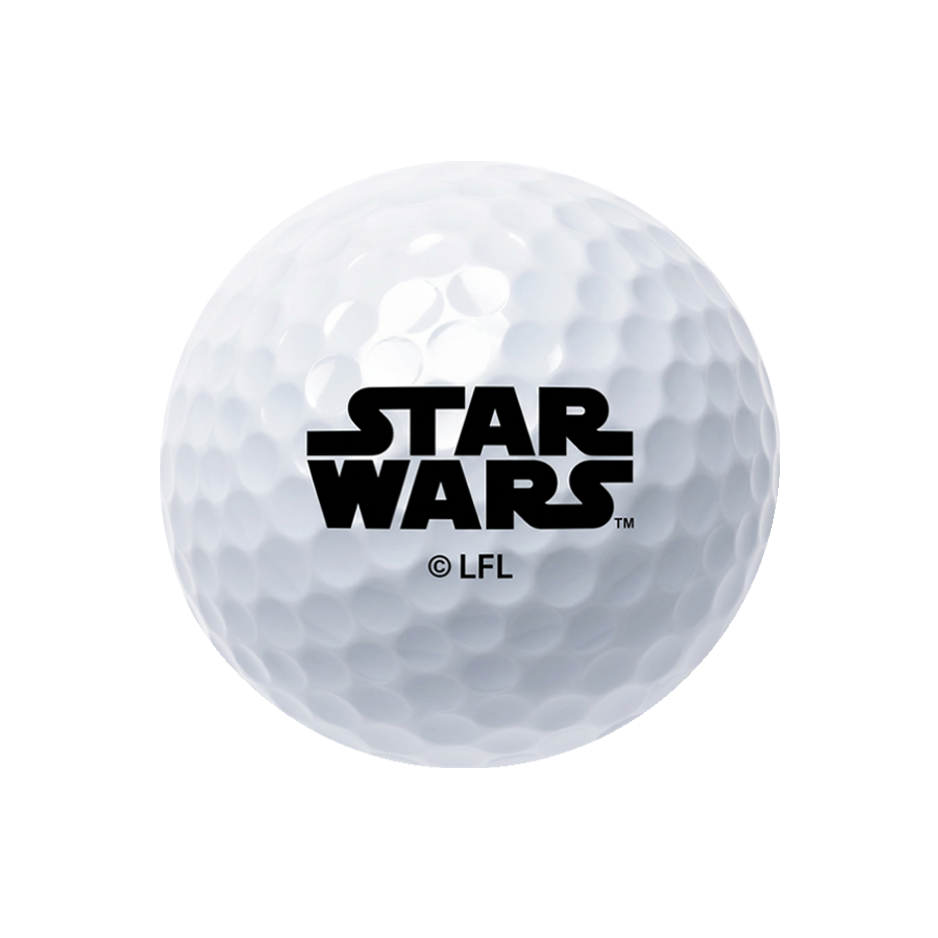 A white golf ball featuring the black Star Wars logo and '© LFL' printed on the front, isolated on a white background.