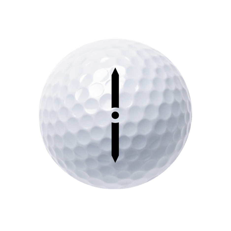 A white golf ball with a black vertical symbol in the center, isolated on a white background.