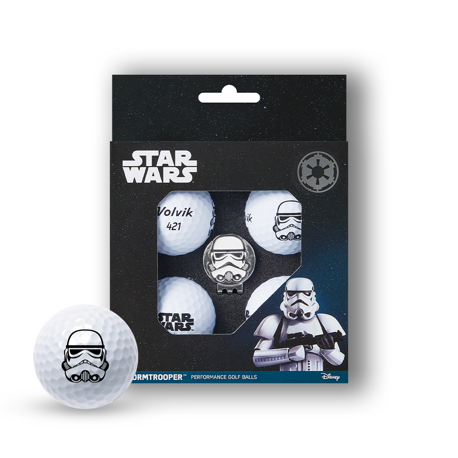 Star Wars Disney Stormtrooper themed Performance Golf Balls, featuring white golf balls with a black Stormtrooper helmet graphic in the foreground and a retail pack containing four white golf balls with Star Wars and Disney branding.