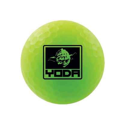 A bright neon yellow-green golf ball with a black graphic of Yoda's face and the word 'YODA' printed in the center, isolated on a white background.