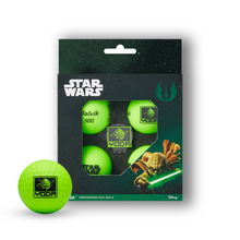 Star Wars Disney performance golf balls in a clear pack with one ball placed in front on a white background. The golf balls are bright neon yellow-green and feature varied black graphics.