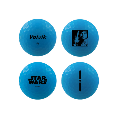 Four bright blue Star Wars golf balls arranged in a 2x2 grid, each showing a different black printed design including 'Volvik 5', Luke Skywalker, Star Wars logo, and a vertical symbol.
