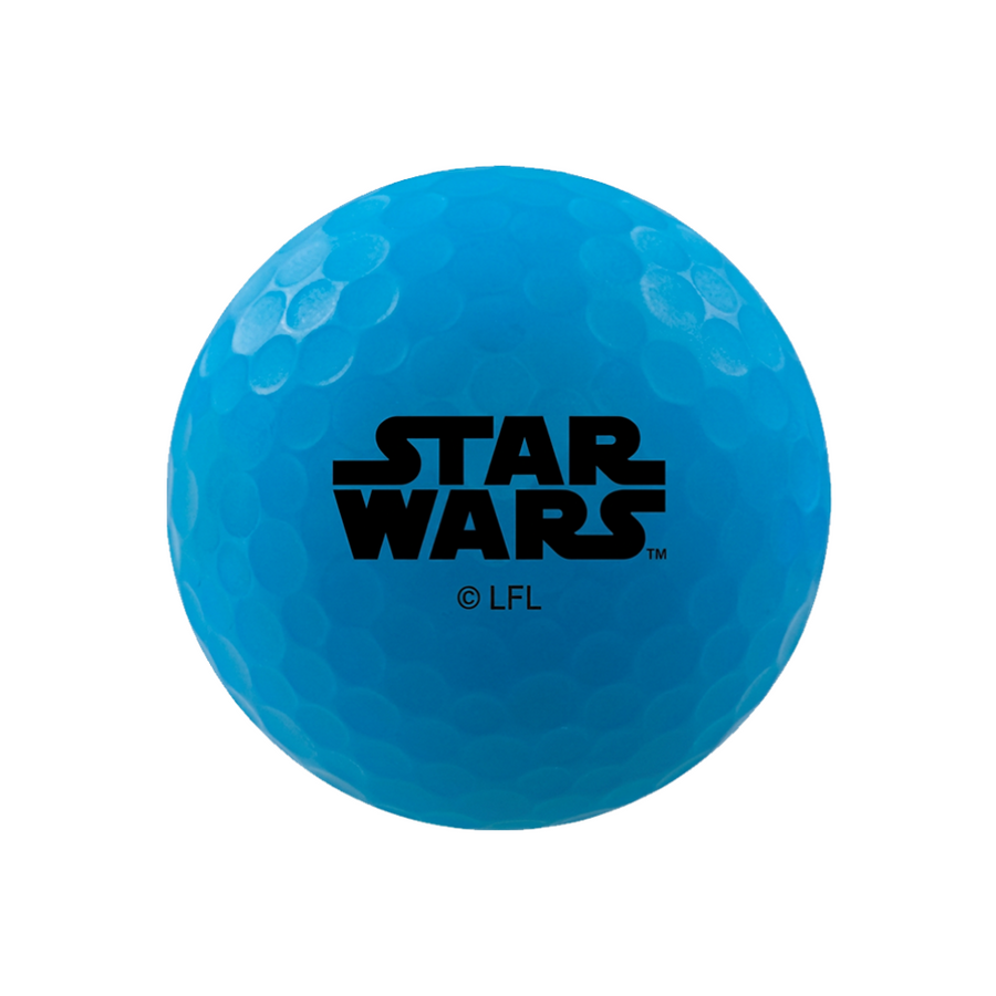 A bright blue golf ball featuring the black Star Wars logo and 'C© LFL' printed in the center.