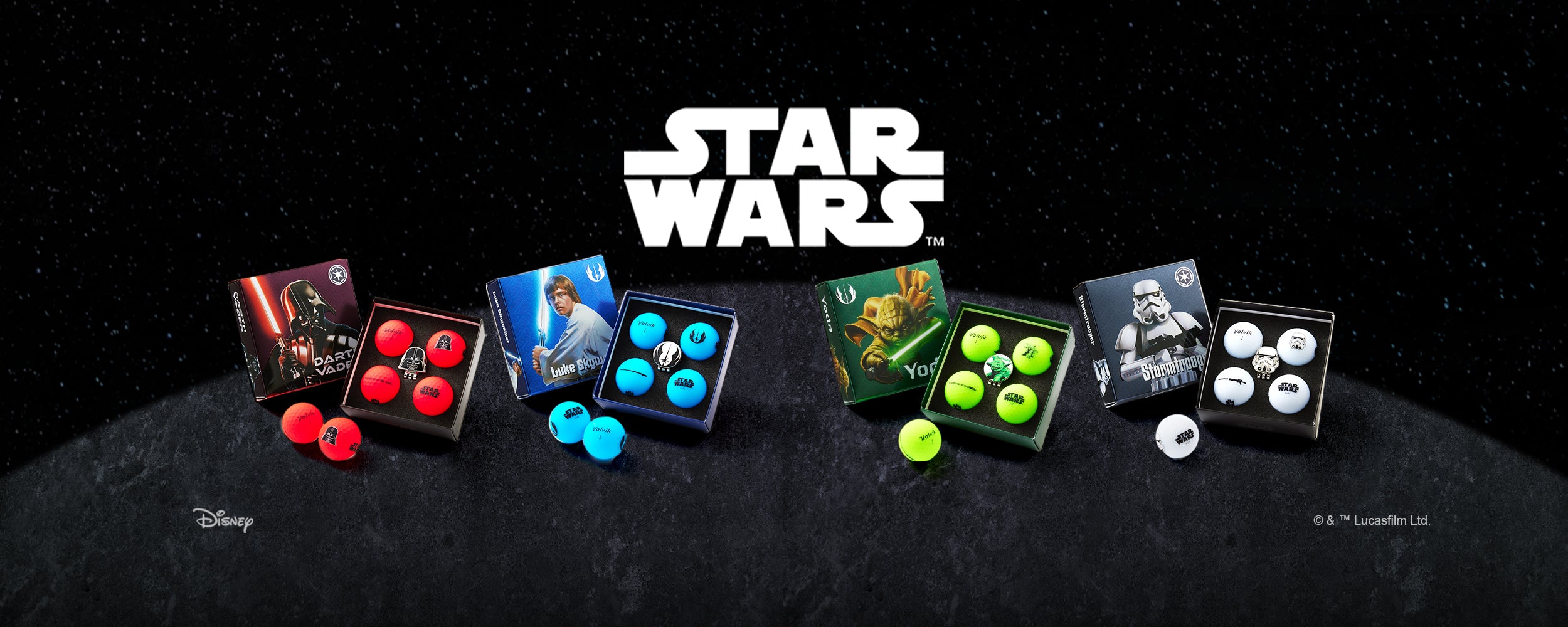 Star Wars collectible golf ball gift sets on a dark surface with the Star Wars logo above.