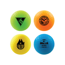 Four golf balls arranged in a 2x2 grid on a white background, each in a different color with a black Star Wars-themed graphic: a neon green ball with a Han Solo emblem, an orange ball with Chewbacca, a yellow ball with the millennial falcon, and a blue ball with R2-D2.