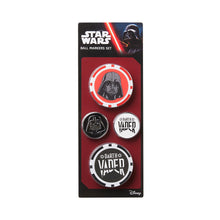 Star Wars Ball Markers Set featuring Darth Vader themed pins on a black and red backing card, with the Star Wars and Disney logos visible.