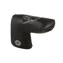 A black textured leather golf club headcover on a solid white background, featuring silver-white embroidered logos of Darth Vader and the Galactic Empire.