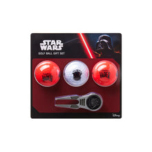 Star Wars Golf Ball Gift Set featuring three golf balls and a metal divot tool on a branded backing card. The set includes red and white balls with Darth Vader graphics, and a silver and black divot tool.