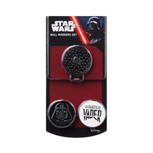 Star Wars ball markers set featuring Darth Vader designs, including a textured black marker and two round metal markers with Darth Vader and Vader Head designs, in its original retail packaging.