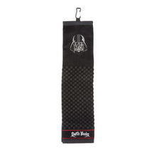 A black towel featuring a Darth Vader helmet graphic, a carbon-fiber pattern section, and a bottom border with the 'Darth Vader' logo and a red accent line, complete with a metal hanging hook at the top.