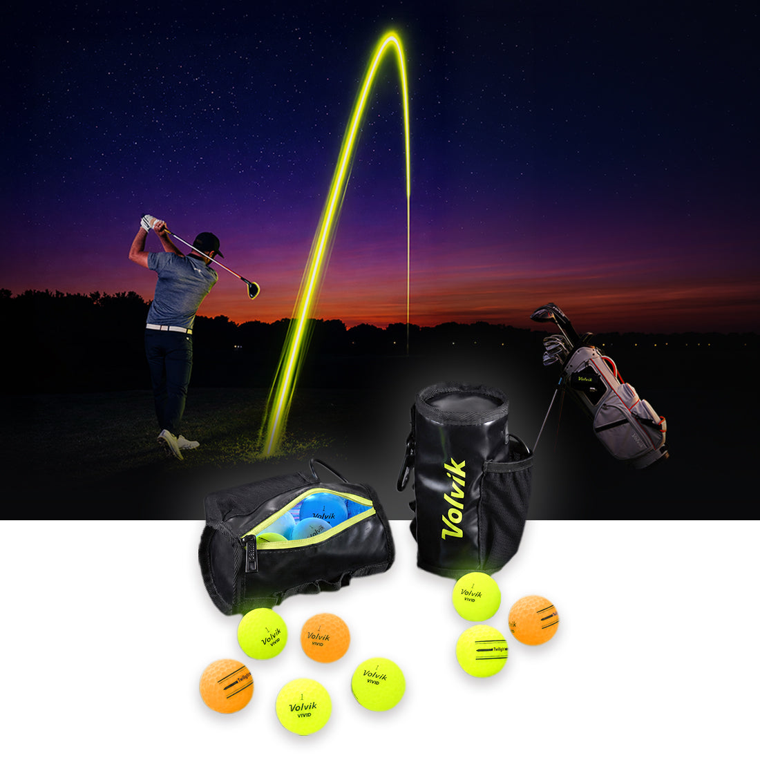 Vivid Twilight charging pouch shown in a night golf scene with a golfer mid-swing, a glowing yellow projectile arc, a golf bag, and an inset showing the included bag, pouch, and golf balls.