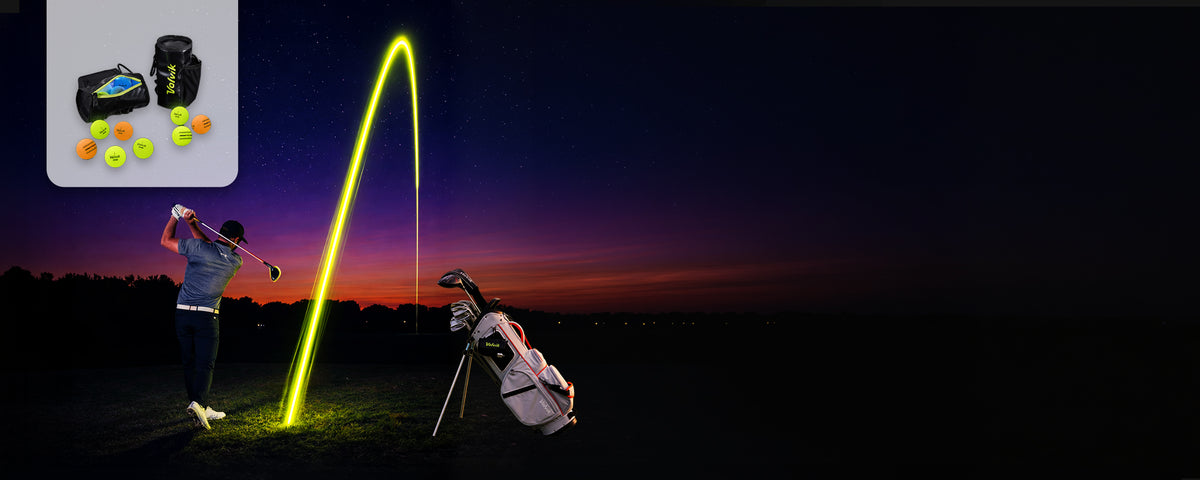Vivid Twilight UV Pouch in the upper left hand corner. Background image shows in a nighttime outdoor scene, with a golfer swinging, a glowing trajectory arc, a golf bag with the UV pouch hanging. The scene is dark with a purple-orange twilight sunset sky.