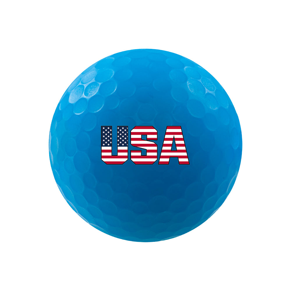 Blue golf ball with 'USA' text in American flag colors on a white background