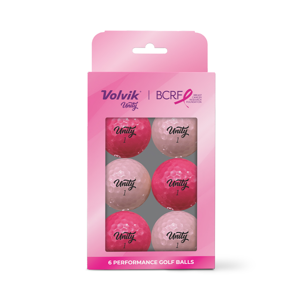 Volvik Unity 6-pack of performance golf balls in pink and white, presented in a pink retail box with a window showing the six golf balls inside.