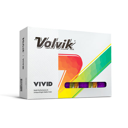 Volvik Vivid Purple golf ball box with colorful design on a white background