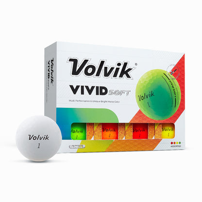 Volvik Vivid Soft golf ball packaging with a golf ball in front on a white background